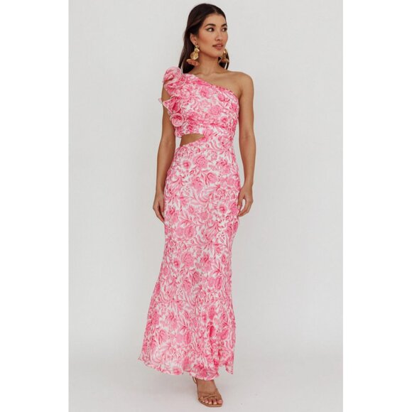 saints + secrets Sz. XL Floral Pink Deanna One-Shoulder Ruffle Maxi Dress - Picture 2 of 15